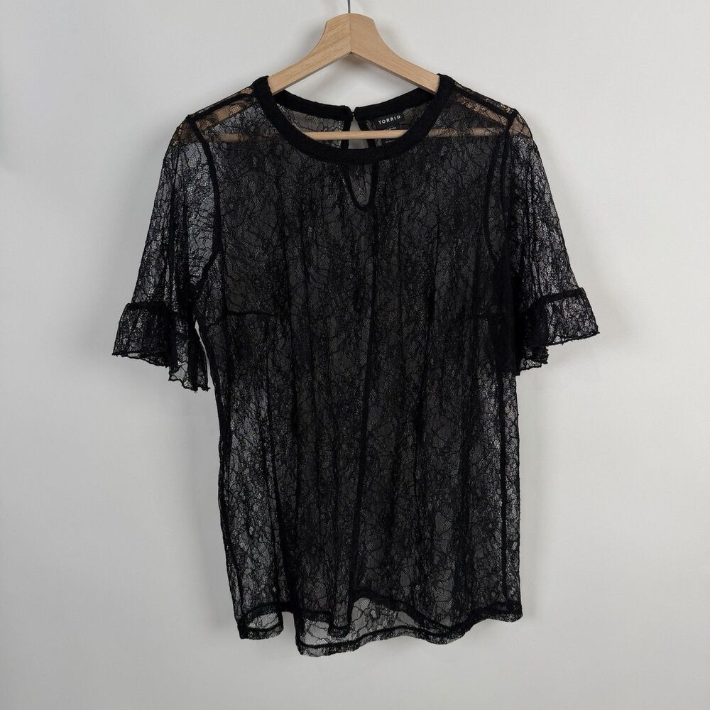 Torrid Lace Top Womens 1 Black Short Ruffle Sleeve Tee Whimsygoth Boho Evening